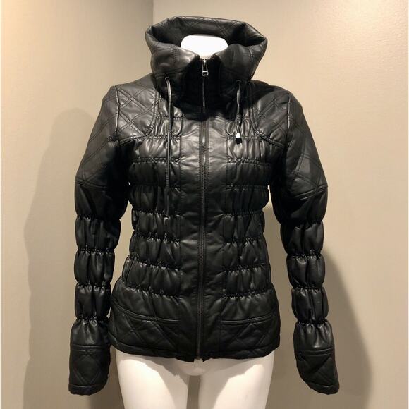 Katherine Barclay Faux Leather Coat Small Black Puffer Stretch Funnel Neck - Picture 14 of 14